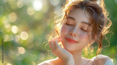 A serene Asian girl with closed eyes gently touches her arm, showcasing healthy beauty on a summer day © yevgeniya131988