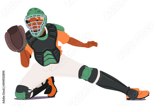 Baseball Catcher In Action Wearing Full Protective Gear, Gloves, And Helmet. The Catcher Is Captured Mid-motion