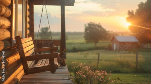 A wooden porch swing with a bench and flowers in the background, AI photo