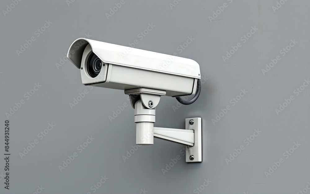 Surveillance camera on gray background. Surveillance and security system concept. Artificial intelligence and facial recognition technology. Minimalistic composition Surveillance camera on gray background. Surveillance and security system concept. Artificial intelligence and facial recognition technology. Minimalistic composition