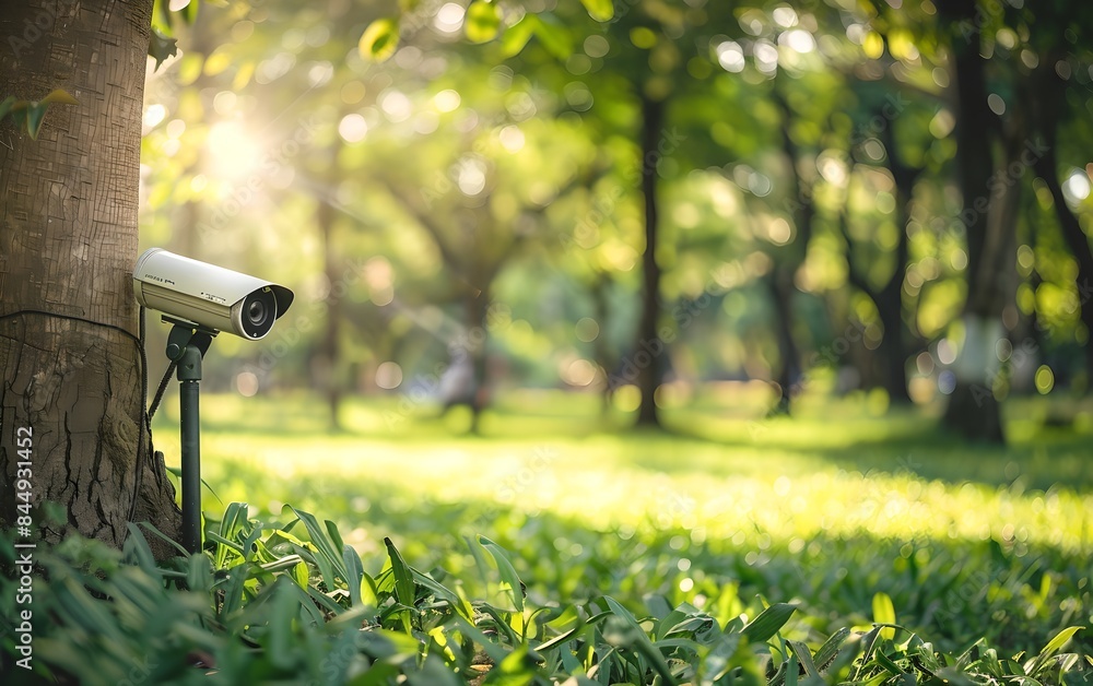CCTV camera mounted on tree in park. Modern surveillance system technology concept. Electronic device for security and control. Banner with copy space CCTV camera mounted on tree in park. Modern surveillance system technology concept. Electronic device for security and control. Banner with copy space