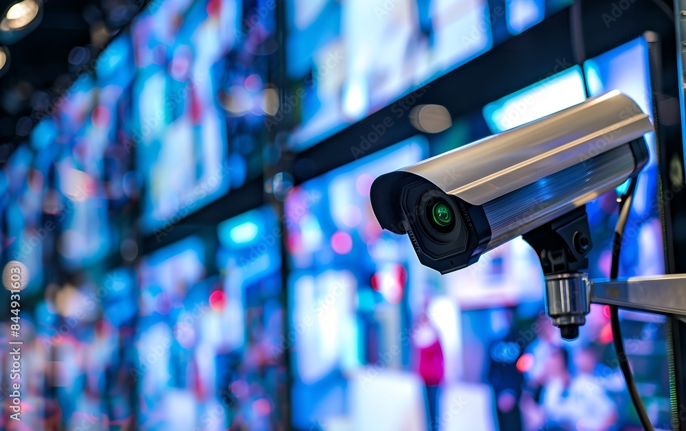 CCTV camera in modern control room with screens. Surveillance system technology concept. Electronic device for security and control. Banner with copy space CCTV camera in modern control room with screens. Surveillance system technology concept. Electronic device for security and control. Banner with copy space