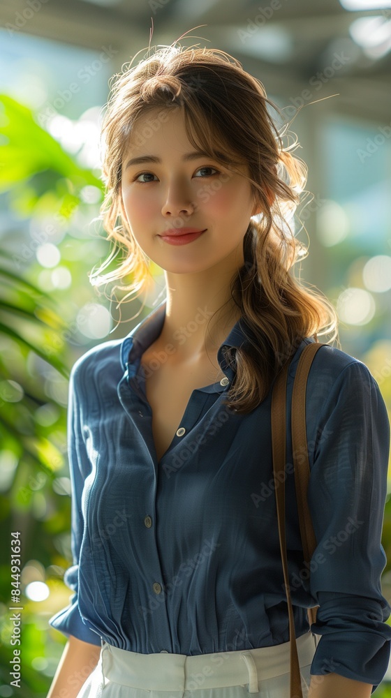 A young, beautiful, smiling Asian businesswoman walks outdoors in a blue shirt and white skirt, carrying her bag A young, beautiful, smiling Asian businesswoman walks outdoors in a blue shirt and white skirt, carrying her bag