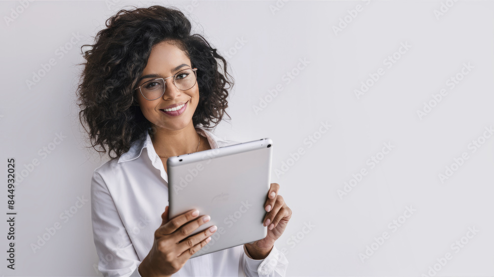 Positive african american business lady using digital tablet Positive african american business lady using digital tablet