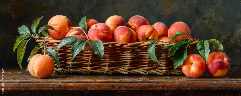 Freshly picked peaches in a wicker basket Freshly picked peaches in a wicker basket