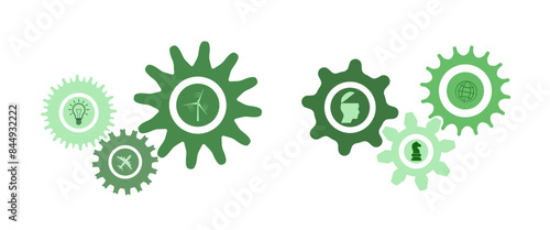 Go green strategy concept cogwheels set vector design with business concept icons. Gears set graphic to use for technology, business, teamwork, mechanics and engineering projects. 