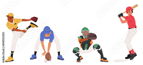 Baseball Players Pitcher, Catcher And Batter In Action. Players Depicted In A Dynamic Poses, Representing Game Aspects