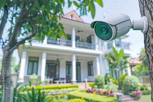 CCTV camera mounted on tree with house in the background. Modern surveillance system technology concept. Electronic device for security and control. Banner with copy space