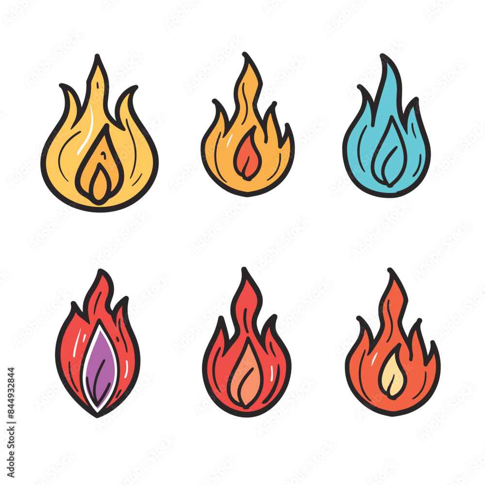 Six different flame icons varying colors styles, showing diversity fire. Brightly colored cartoon flames suitable various creative projects. Fire graphics set against isolated white