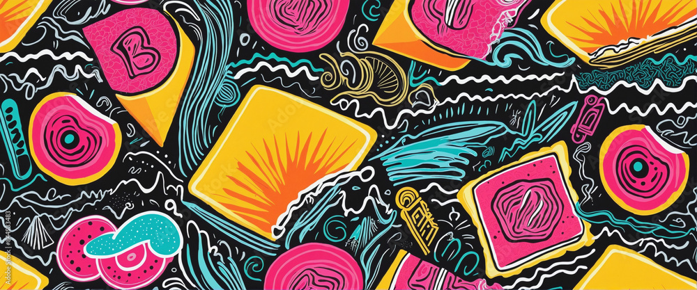 Collection of abstract neon print seamless patterns inspired by the vibrant design aesthetics of the 1980s and 90s, featuring retro shapes and bright colors in a cool and creative style Collection of abstract neon print seamless patterns inspired by the vibrant design aesthetics of the 1980s and 90s, featuring retro shapes and bright colors in a cool and creative style