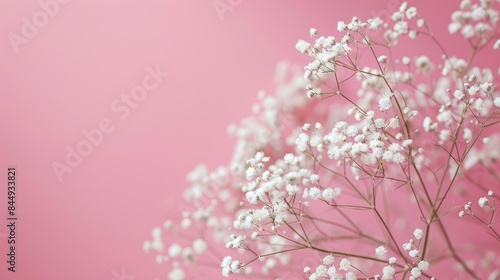 Delicate white baby s breath flower on soft pink backdrop with space for text Romantic wallpaper for weddings or Valentine s Day Symbolizes eternal love photo