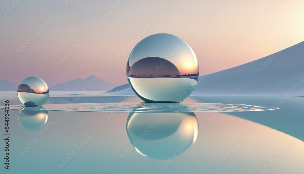 Three-dimensional geometric landscape featuring clear glossy mirror-like glasses on flat round hills, with a surreal reflection in the water, creating a minimalist futuristic aesthetic wallpaper