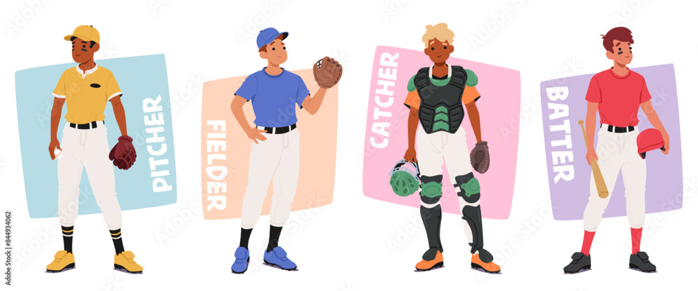 Fototapeta premium Vector Illustration Of Four Baseball Players Representing Different Positions. Pitcher, Fielder, Catcher And Batter