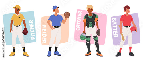Vector Illustration Of Four Baseball Players Representing Different Positions. Pitcher, Fielder, Catcher And Batter