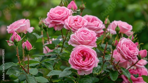 Pink roses fully blooming with green leaves and prickly branches in the background