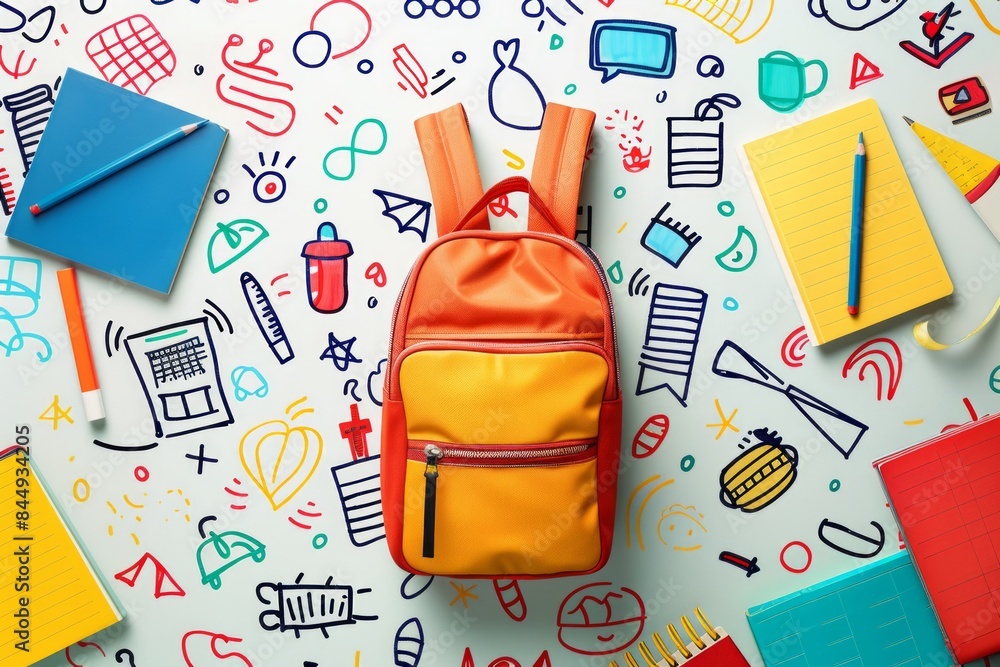 Fun school backpack surrounded by colorful doodles and school supplies, symbolizing readiness for new school year, knowledge day, white background Fun school backpack surrounded by colorful doodles and school supplies, symbolizing readiness for new school year, knowledge day, white background