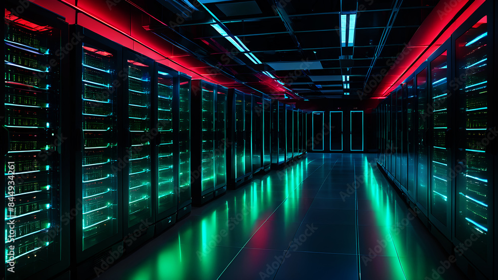 Fototapeta premium A vast, sleek server room with rows of advanced servers encased in transparent, glowing blue panels. Holographic displays float above the servers, showing real-time data analytics. The room is bathed 