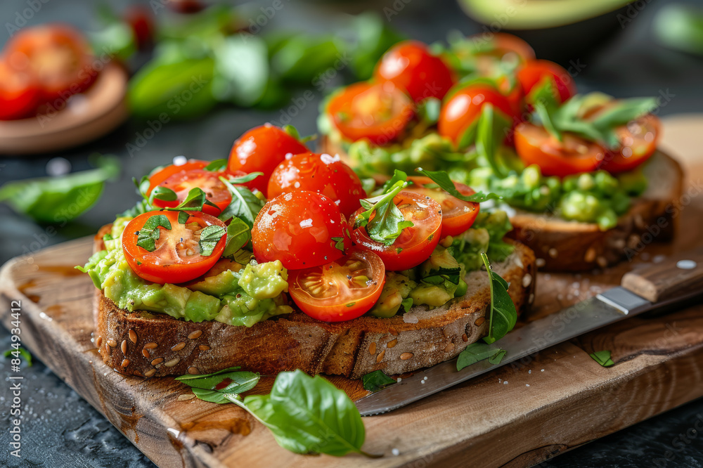 Avocado toast on whole grain bread, garnished with cherry tomatoes and herbs, served on a wooden board with a knife on the side.. AI generated. Avocado toast on whole grain bread, garnished with cherry tomatoes and herbs, served on a wooden board with a knife on the side.. AI generated.