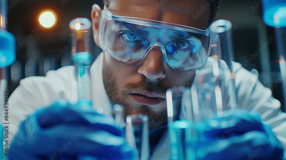 A lab technician wearing protective gear carefully examines test tubes in a laboratory setting A lab technician wearing protective gear carefully examines test tubes in a laboratory setting