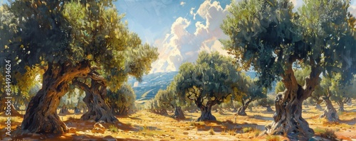 Grove of olive trees under a sunny sky