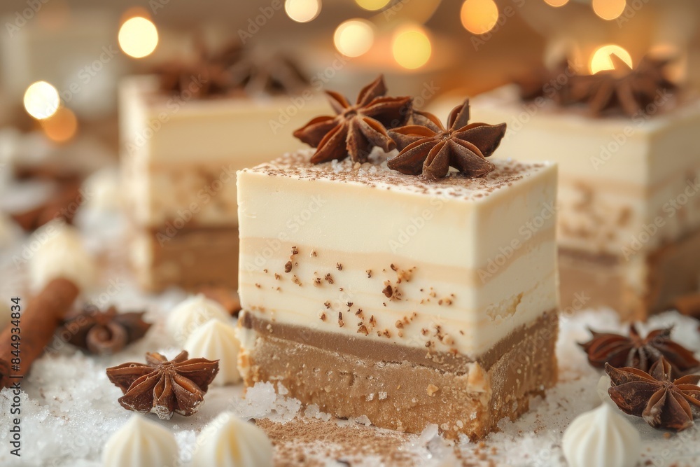 Festive dessert with layers of cream and cinnamon, set against a cozy background, capturing a warm and indulgent treat
