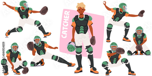 Baseball Catcher In Different Poses And Actions. Player In Full Protective Gear, Including Helmet, Chest Protector