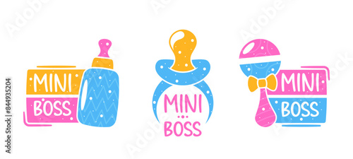 Bright And Playful Mini Boss Logo Featuring Baby Bottle, Pacifier And Rattle. Great For Baby Products, Nursery Decor