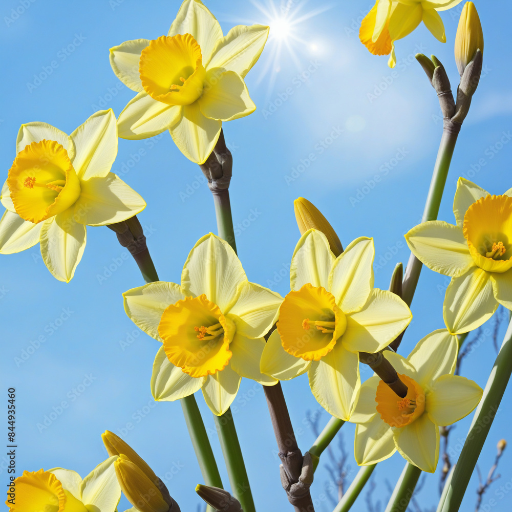 Close-up of blooming yellow daffodils on a soft blue sky background in the spring garden Close-up of blooming yellow daffodils on a soft blue sky background in the spring garden