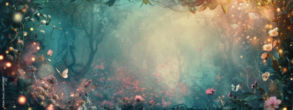 Fototapeta premium A lush green forest with a bright sun shining through the trees. The scene is full of life and color, with butterflies fluttering around and flowers blooming