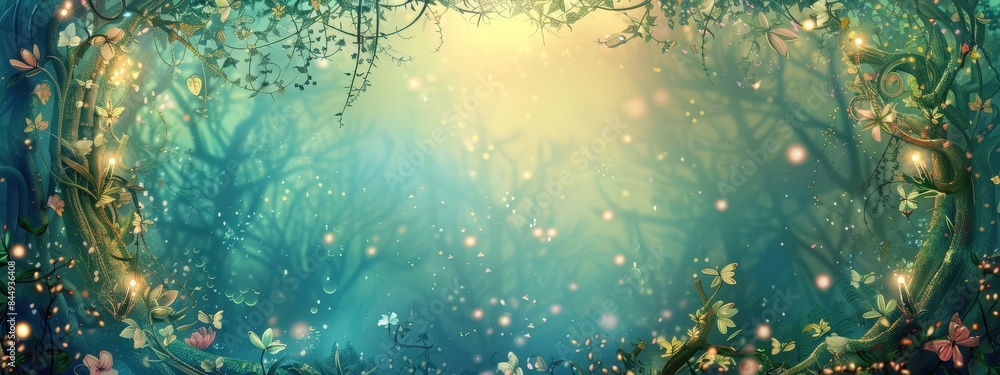 Obraz premium A lush green forest with a bright sun shining through the trees. The scene is full of life and color, with butterflies fluttering around and flowers blooming