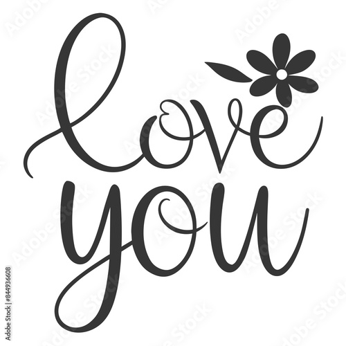 Font design of the text "love you" simple lines, integrated flower pattern