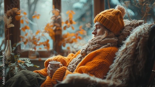 A woman in a warm sweater and hat sitting on the couch, AI