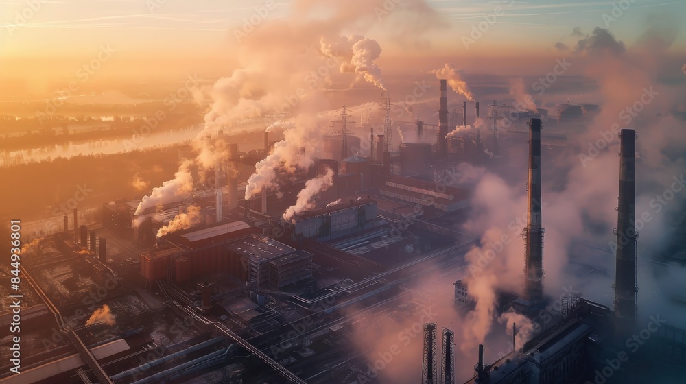 Obraz premium A city with a lot of smoke coming out of the factories. The sky is hazy and the city looks like it's in the middle of a storm