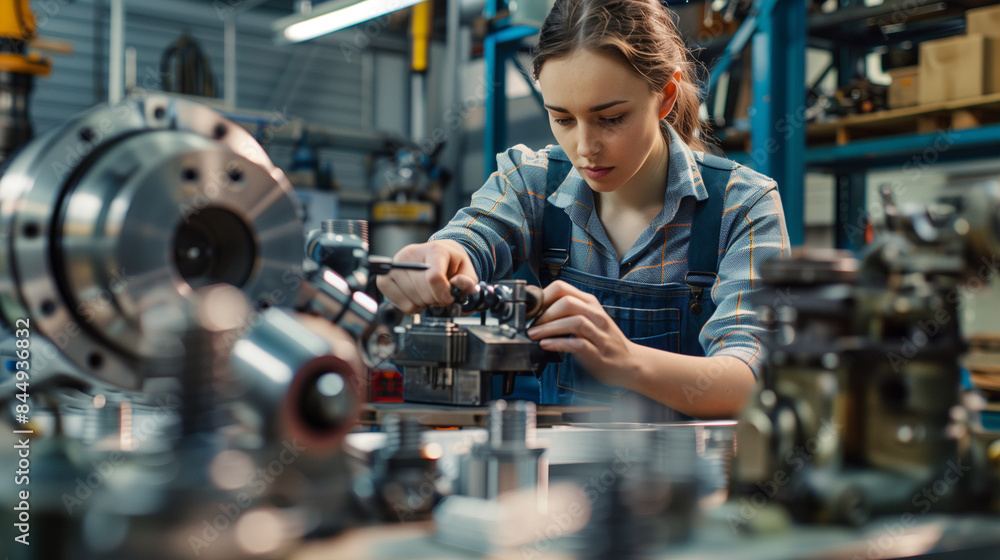 Female mechanical engineer working on equipment in a workshop Female mechanical engineer working on equipment in a workshop