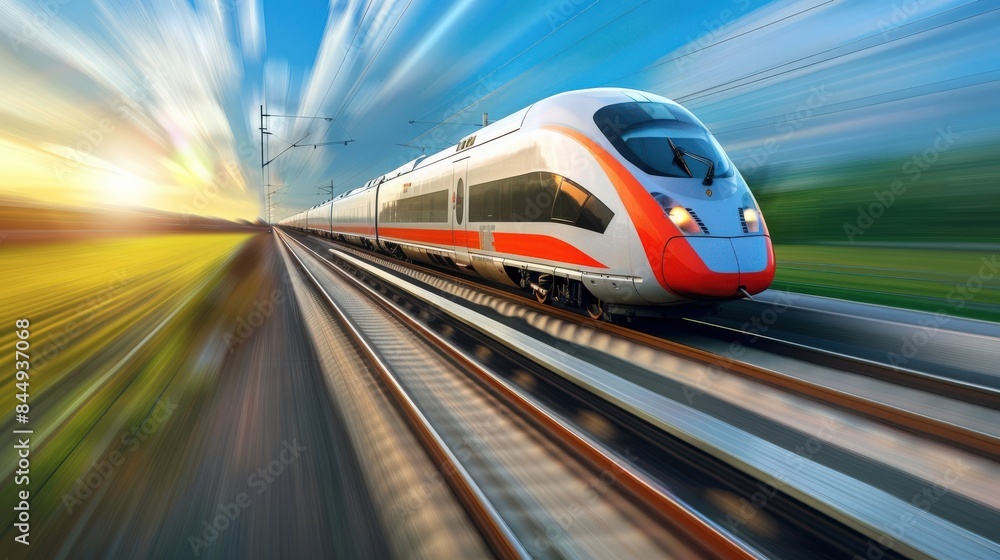 A train is traveling down the tracks with a bright orange and red stripe A train is traveling down the tracks with a bright orange and red stripe