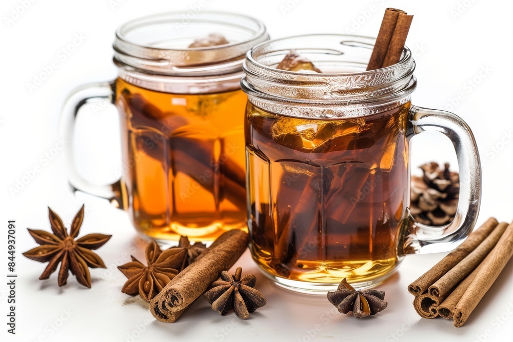 Hot spiced tea with cinnamon sticks and star anise set against a wintry outdoor background, capturing a warm and inviting drink Hot spiced tea with cinnamon sticks and star anise set against a wintry outdoor background, capturing a warm and inviting drink