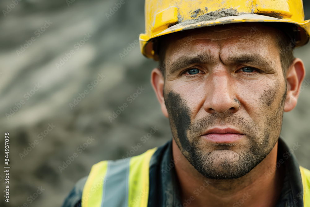Close-up of a coal miner with a serious gaze, dirt on his face, wearing a hard hat and safety vest, embodying hard work underground Close-up of a coal miner with a serious gaze, dirt on his face, wearing a hard hat and safety vest, embodying hard work underground