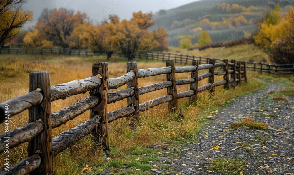 Rustic wooden fence winding through a meadow Rustic wooden fence winding through a meadow