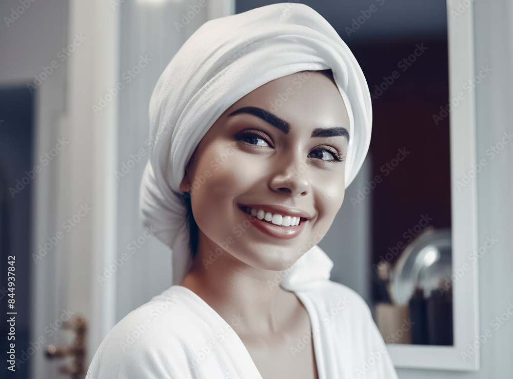 Portrait of a smiling woman with a white towel wrapped around her head. Indoor spa and wellness concept Portrait of a smiling woman with a white towel wrapped around her head. Indoor spa and wellness concept