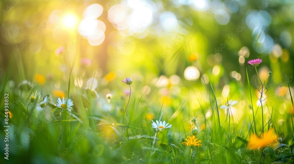 Blurred image of a peaceful picnic spot in a sunlit meadow with wildflowers speckling the grass and adding a pop of color to the hazy surroundings. The sounds of nature and the suns . Blurred image of a peaceful picnic spot in a sunlit meadow with wildflowers speckling the grass and adding a pop of color to the hazy surroundings. The sounds of nature and the suns .