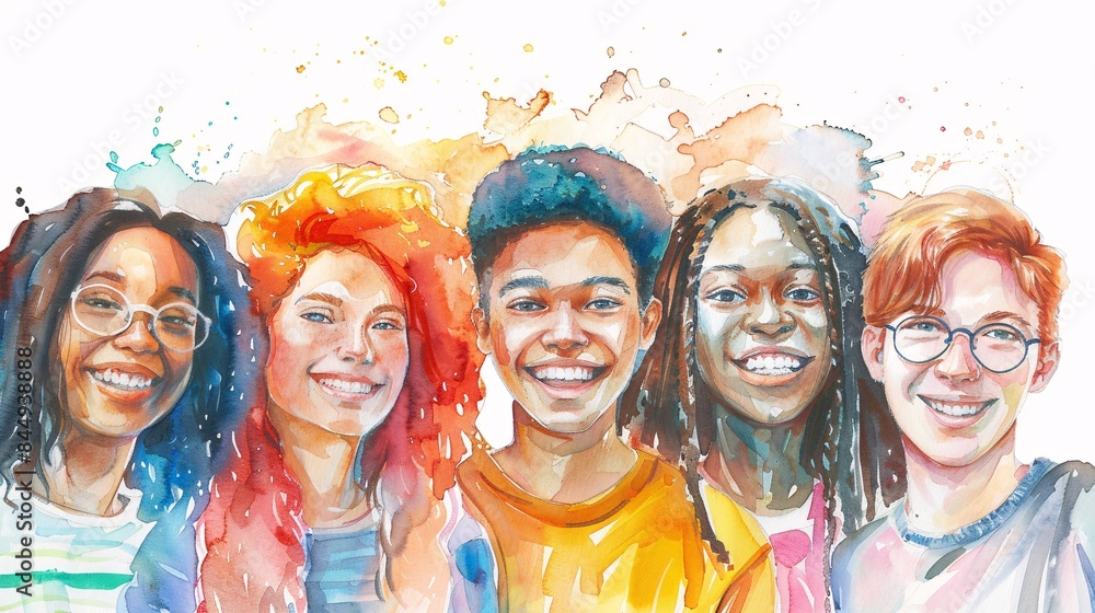 Diverse Group of Smiling Teenagers in Watercolor Diverse Group of Smiling Teenagers in Watercolor