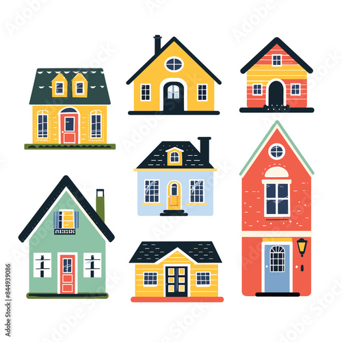 Collection colorful house illustrations showcasing different architectural styles. Flat design residential homes featuring unique windows, doors, roofs © Vectorvstocker