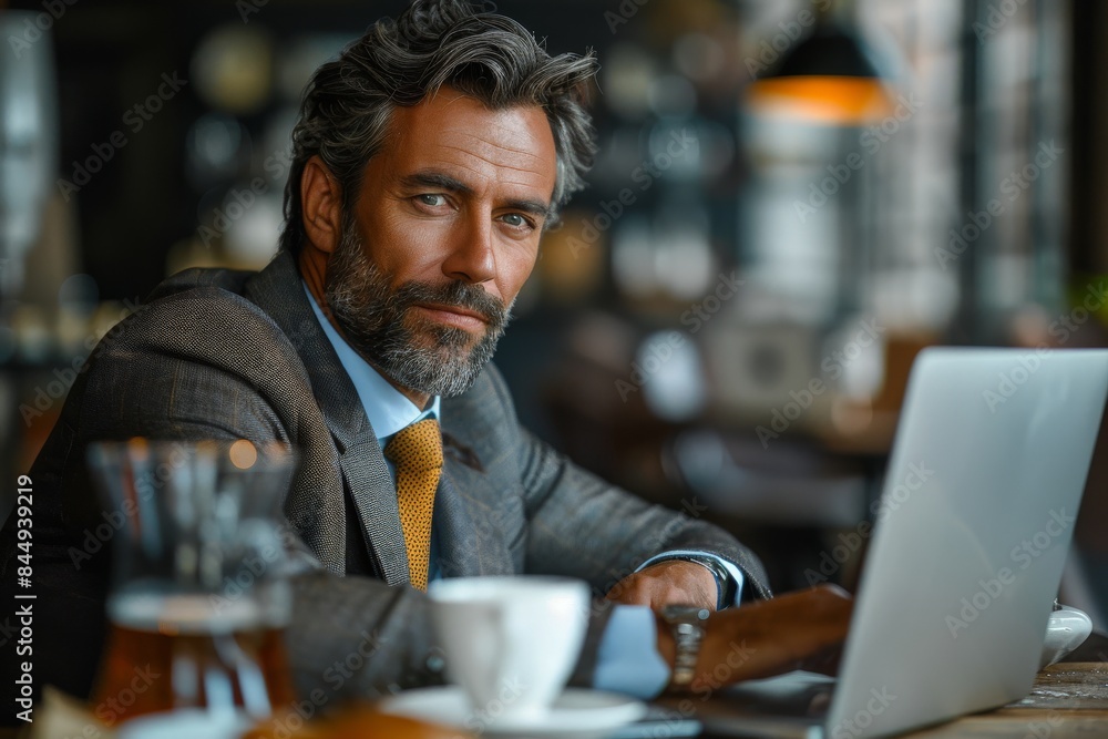 A well-dressed man attentively works on a laptop in a cozy café ambiance, portraying professionalism and focus A well-dressed man attentively works on a laptop in a cozy café ambiance, portraying professionalism and focus