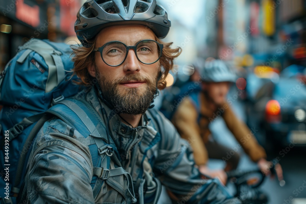 A confident male cyclist in outdoor attire and helmet poses with urban bustle in the background, ready for the commute A confident male cyclist in outdoor attire and helmet poses with urban bustle in the background, ready for the commute