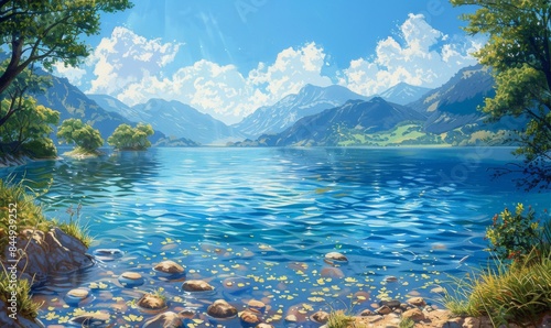 Shimmering lake under blue skies