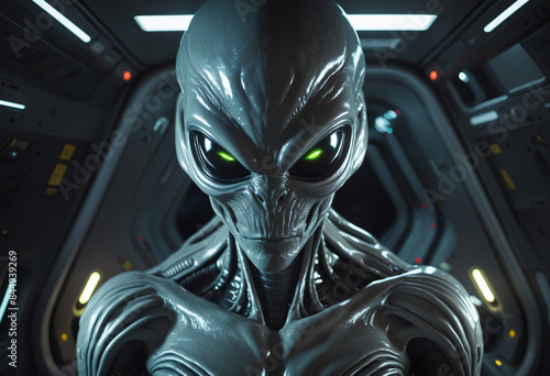 Neon-lit extraterrestrial gamer with a grey alien character in a futuristic sci-fi space game