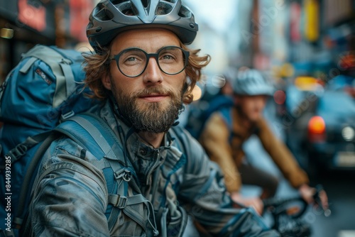 A confident male cyclist in outdoor attire and helmet poses with urban bustle in the background, ready for the commute