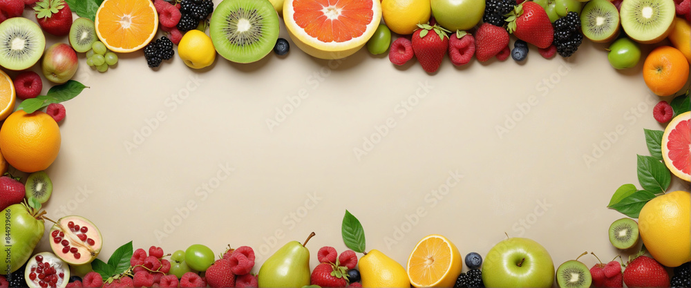 Fresh variety of fruits including grape, kiwi, apple, raspberry, blackberry, lemon, grapefruit, and orange spilled on a table with healthy eating banners and bio-generative AI Fresh variety of fruits including grape, kiwi, apple, raspberry, blackberry, lemon, grapefruit, and orange spilled on a table with healthy eating banners and bio-generative AI
