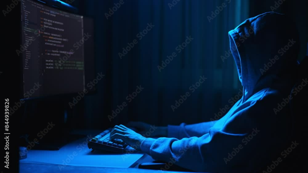 Side view of hooded hacker male getting access to computer system, hacking into database, cybercrime using desktop sitting at desk in dark room with neon blue light. Concept of cyber attack, malware.