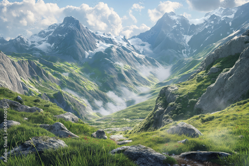 A serene landscape showcasing a valley with lush green meadows, rocky terrain, and majestic snow-capped mountains under a clear blue sky A serene landscape showcasing a valley with lush green meadows, rocky terrain, and majestic snow-capped mountains under a clear blue sky